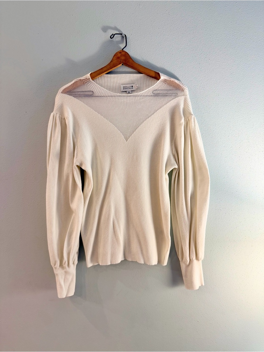 Molly Bracken Cream Ribbed Puff Sleeve Crewneck Sweater